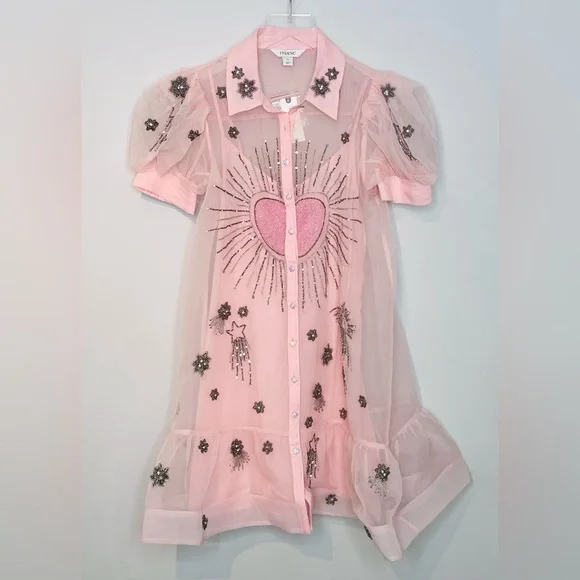 Anthropologie Maeve Pink Sheer Beaded Embroidered Short Sleeve Mini Dress NWT - Picture 13 of 15